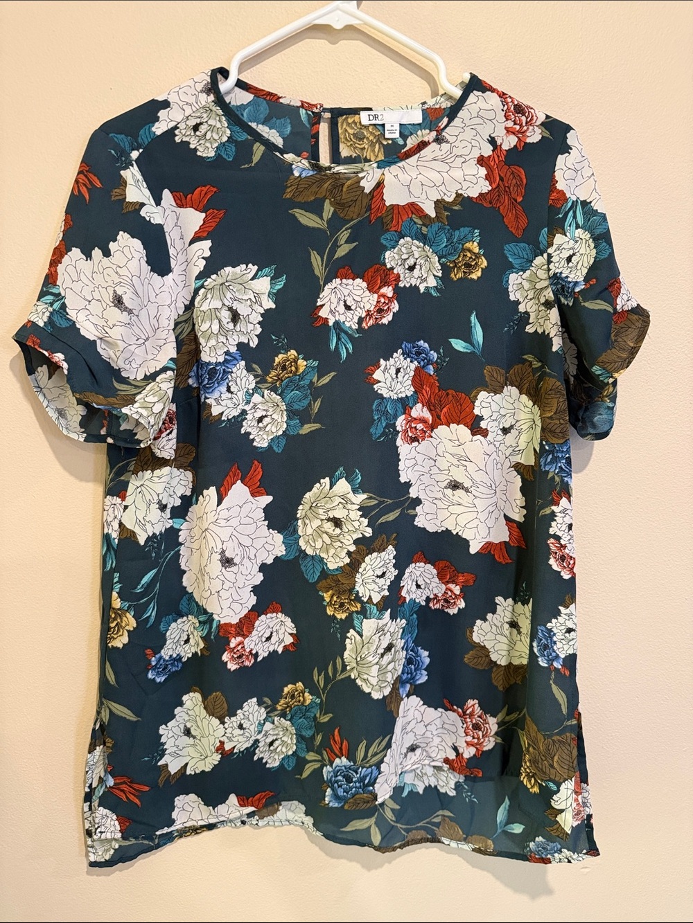 DR2 Teal Floral Short-Sleeve Blouse Multicolor Blooms Romantic Cottagecore